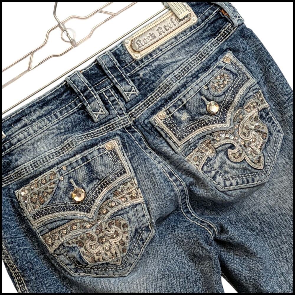 ROCK REVIVAL Celinda Jeans Straight Fit Women's 29 Crystal Studded Flap Pockets